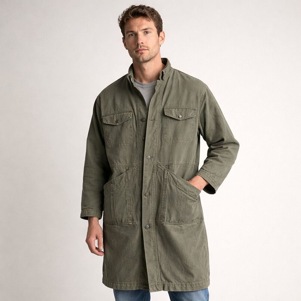 Vintage Olive Green Chore Coat Long Workwear Jacket Korea Small